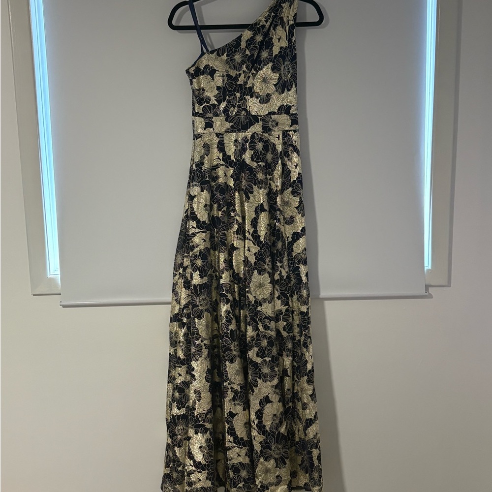 Betsy & Adam Navy and Gold One-Shoulder Dress